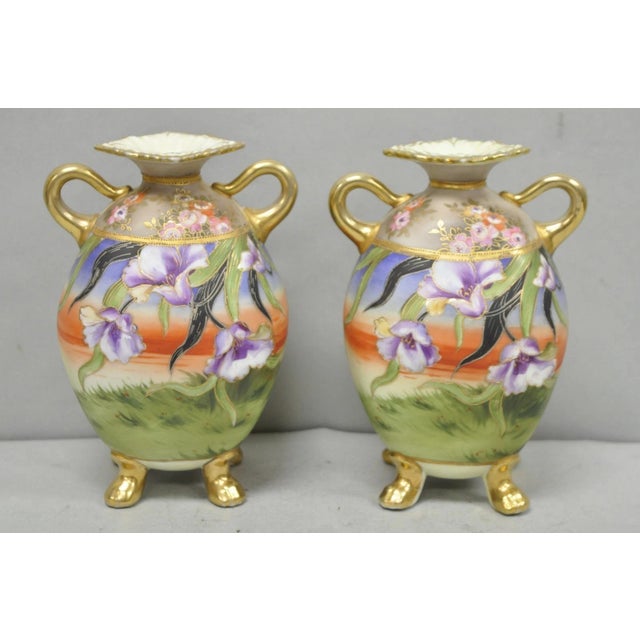 Antique Nippon Moriage Hand Painted Porcelain Purple Iris & Gold Gilt Vase Pair For Sale - Image 18 of 18