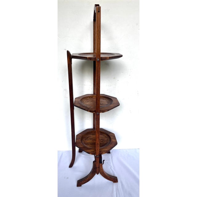 Brown Antique Edwardian Quartersawn Oak 3-Tier Folding Cake Stand For Sale - Image 8 of 16