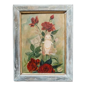 19th Century Whimsical Folk Art Still Life Painting in Distressed White Wash Frame