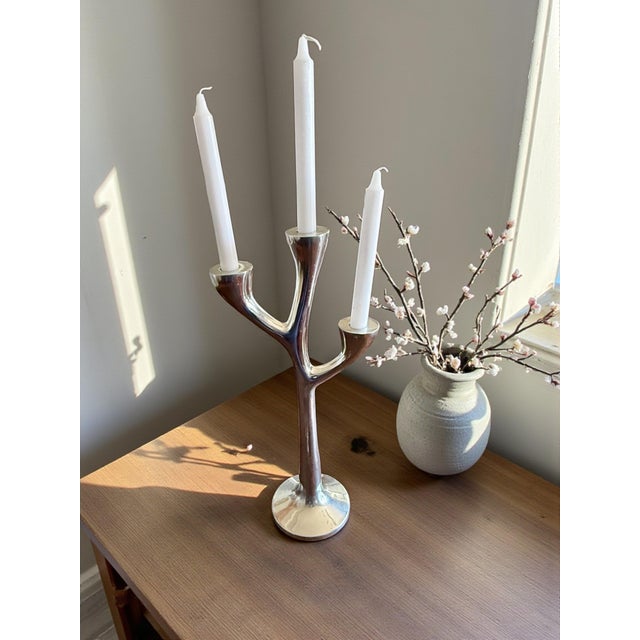 Silver Mid Century Modern Aluminum Tree Form 3 Arm Candelabra-Brutalist-Atomic-Danish For Sale - Image 8 of 8