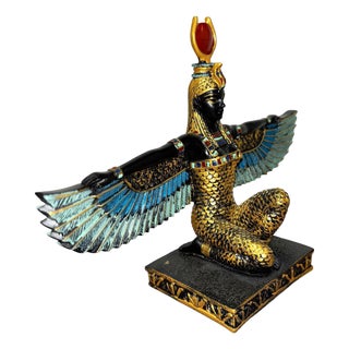1990s Hand Painted Resin Egyptian Goddess Tabletop Sculpture of Winged Deity Isis For Sale