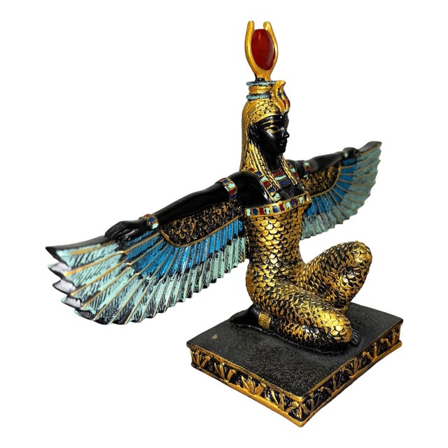 1990s Hand Painted Resin Egyptian Goddess Tabletop Sculpture of Winged Deity Isis For Sale