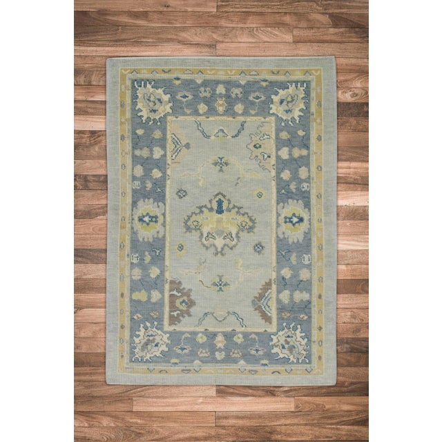 Early 21st Century Blue Floral Design Handwoven Wool Turkish Oushak Rug 4' X 6'1" For Sale In Houston - Image 6 of 7