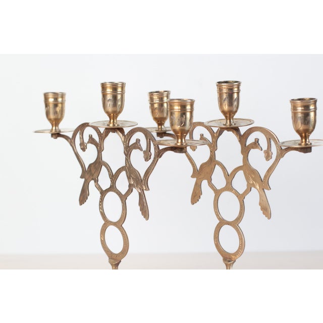 Shabby Chic Brass Peacock Three-Arm Candelabras With Pierced Filigree For Sale - Image 3 of 12