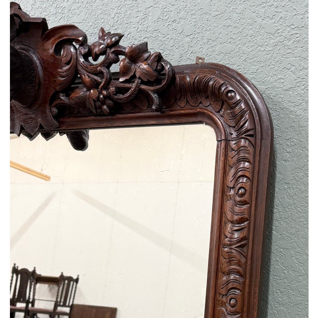 Brown Antique French Renaissance Style Carved Oak Hunt Stag Pier Mirror Crown c.1880s For Sale - Image 8 of 17