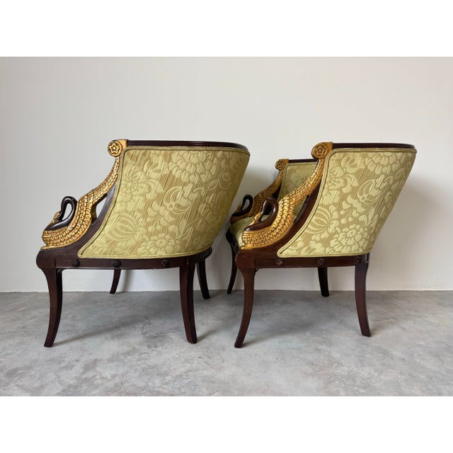 1950s Vintage Neoclassical Style Carved Swan Barrel Back Upholstered Lounge Chairs – A Pair/ Sold For Sale - Image 5 of 12