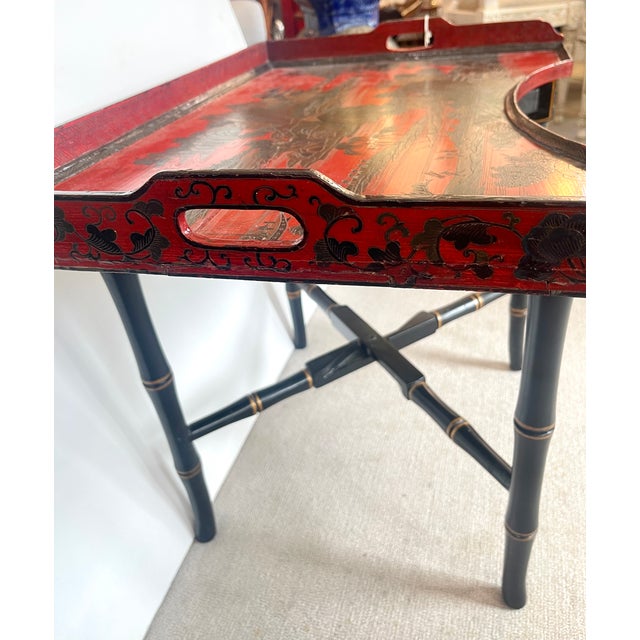 Chinoiserie Breakfast Tray Table on Faux Bamboo Folding Stand c.1890 For Sale - Image 9 of 12
