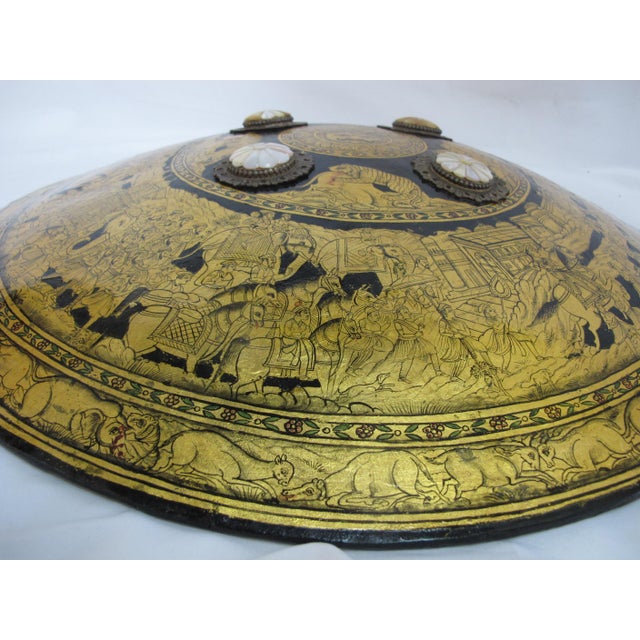 Indian Indian Ceremonial Rajput Dhal Shield Intricate Gold Painted Hunting Scenes For Sale - Image 3 of 18