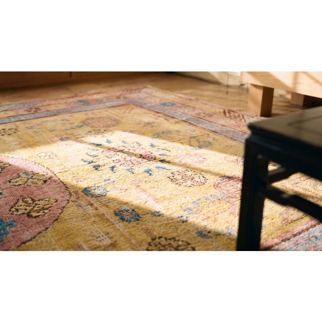 Textile Amazing Brilliant Yellow Background Rosette and Diagonal Medallion Desing Century Chinese Khotan Rug For Sale - Image 7 of 8