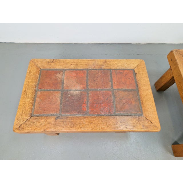 Brutalist Oak Side Tables with Terracotta Tiles, 1950s, Set of 2 For Sale - Image 6 of 12