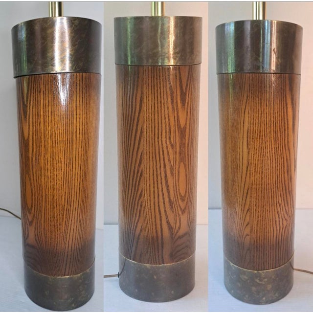 Mid 20th Century Vintage Mid-Century Modern Oak and Brass Cylinder Table Lamp For Sale - Image 5 of 13