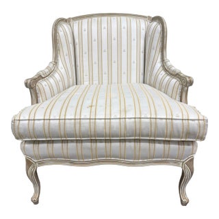 Vintage Sam Moore Louis XV Style Bergere Carved Upholstered Lounge Chair For Sale