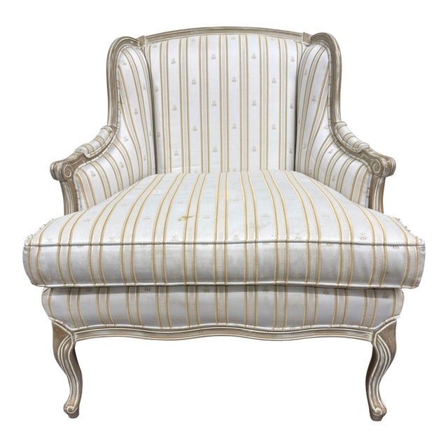 Vintage Sam Moore Louis XV Style Bergere Carved Upholstered Lounge Chair For Sale