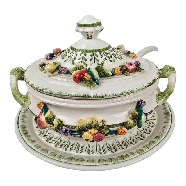 Vintage Italian Majolica Tureen With Underplate and Ladle - 3 Pieces For Sale