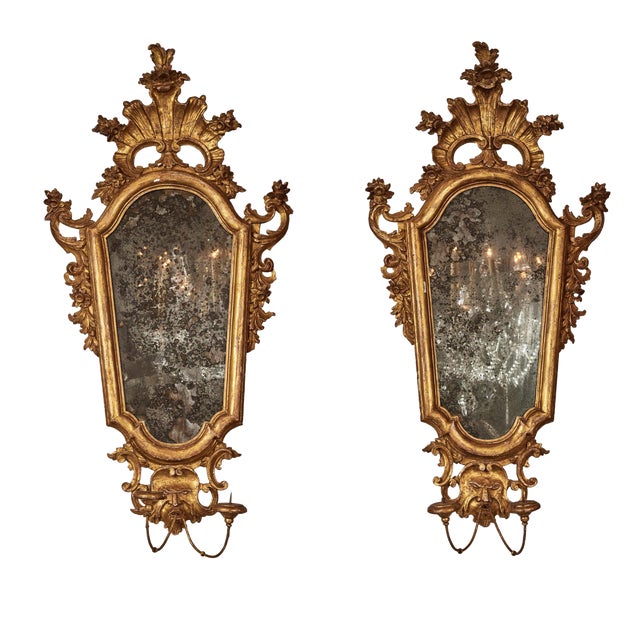 Gilded Florentine Mirrors with Candle Holders - A Pair For Sale