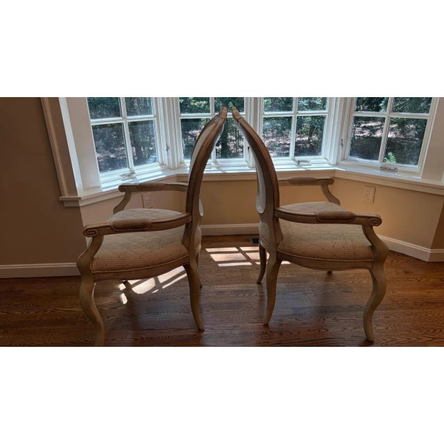 2010s Set of 7 French Louis XVI Style Oval Back Dining Chairs – Distressed Painted Finish & Quilted Upholstery For Sale - Image 5 of 16