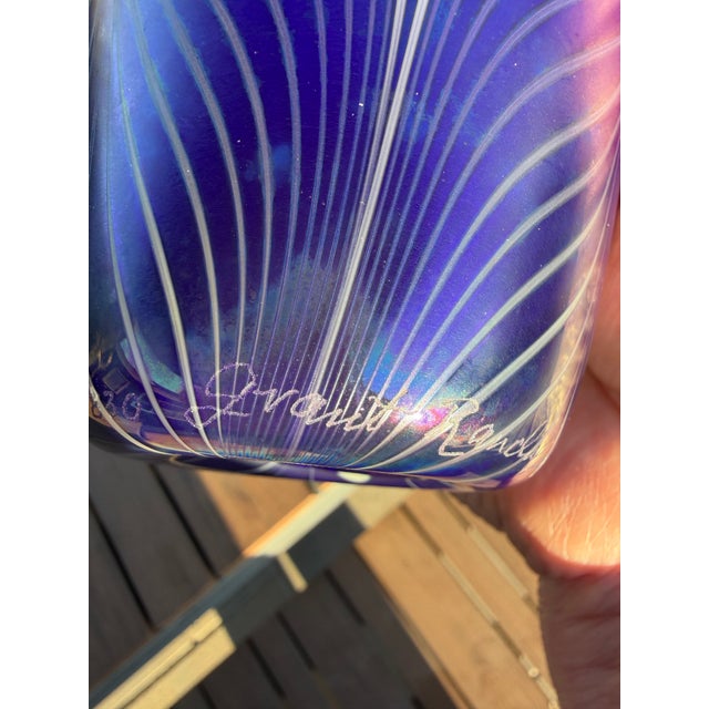 Royal Blue 1983 Grant Randolph Feather and Heart Glass Vase For Sale - Image 8 of 12