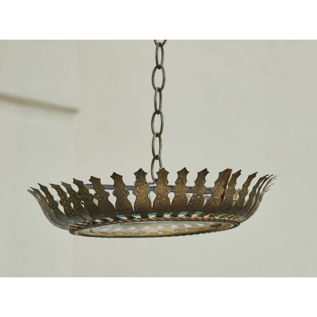 Metal Mid 20th Century Spanish Gilt Metal Semi-Flush Crown Chandelier with Stylized Foliage For Sale - Image 7 of 12