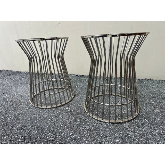 2000 - 2009 Metal Cage Side Tables White Frosted Glass Tops For Sale - Image 5 of 10