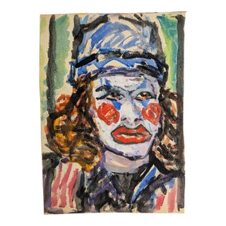 Vintage Mid-Century Expressionist Clown Portrait Gouache Watercolor on Paper For Sale