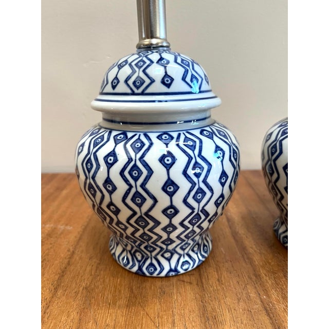 Small Blue and White Geometric Pattern Ceramic Ginger Jar Lamps - Set of Two For Sale - Image 4 of 9