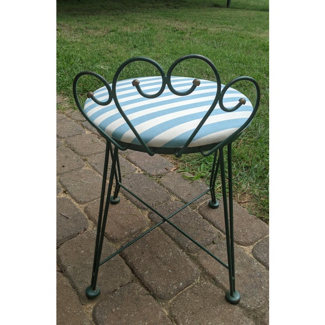 Vintage Wrought Iron Vanity Stool With Blue Cabana Stripe Seat Chairish