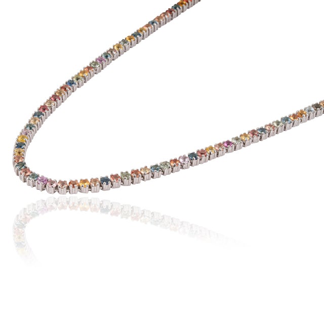 Contemporary 925 Silver 20.81 Ct Rainbow Multi Sapphire Rivière Tennis Necklace 18.5 Inch - Christmas Gift For Sale - Image 3 of 13