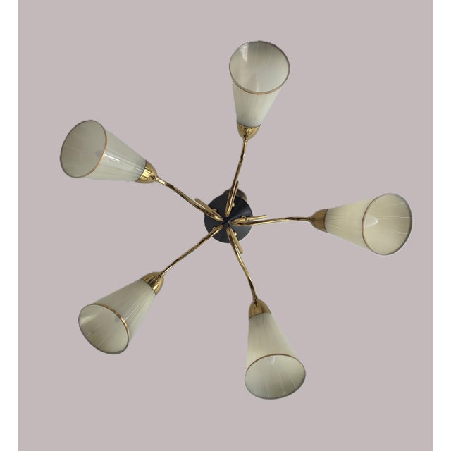 1970s Mid-Century Modern 5-Arm Tulip Chandelier, 50s 60s Sputnik Design Brass Accents For Sale - Image 5 of 12