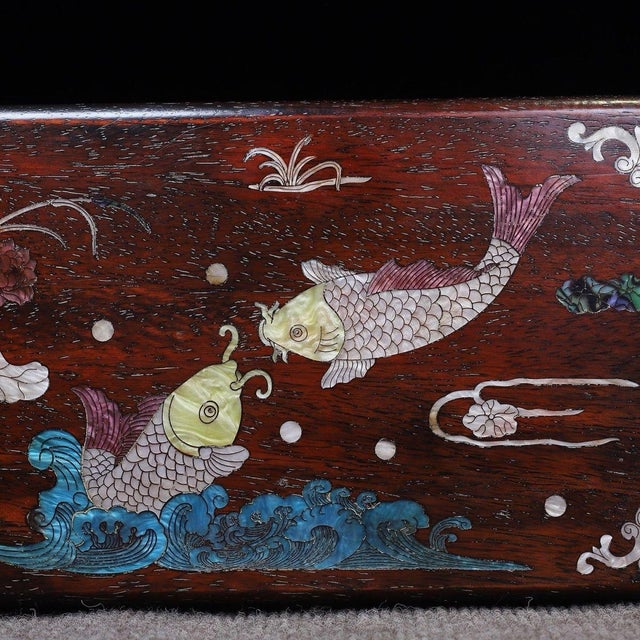 Brown Zitan Wood Box Inlaid With Mother-of-Pearl Fish Motif For Sale - Image 8 of 9
