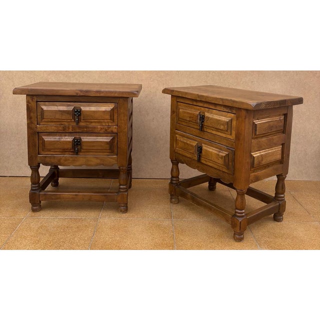 Wood Spanish Bedside Tables with Drawers and Iron Hardware, 1950s, Set of 2 For Sale - Image 7 of 11