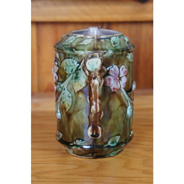 19th Century Antique Majolica French Barbotine Dog Rose Flower Blossom Water Pitcher Jug For Sale - Image 5 of 12