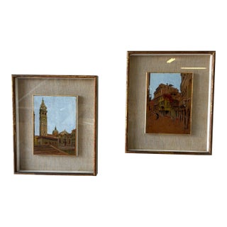 Pair of Vintage Italian Architectural Oil Paintings – Shadowbox Framed – Sourced in Parma, Italy For Sale