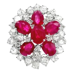 Ruby Diamond Cluster 18k White Gold Sunburst Ring Size 6.75