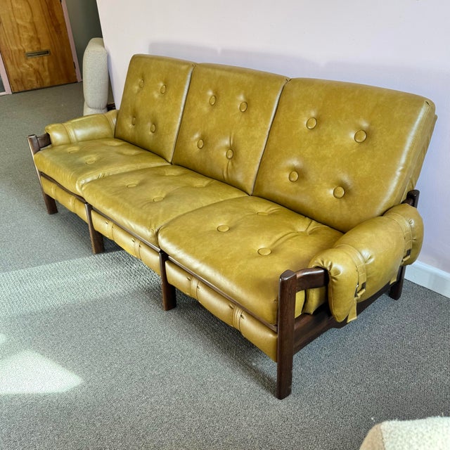 Mid-Century Modern Vintage Olive Colored Vinyl and Walnut Three Seater Sofa For Sale - Image 3 of 12