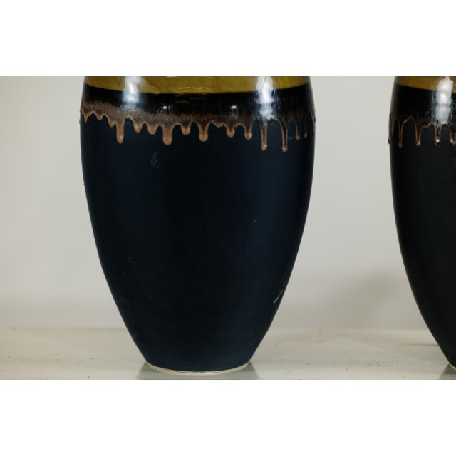 Late 20th Century Large Artisan Ceramic Vases with Olive-Taupe and Black Drip Glaze Finish - A Pair For Sale - Image 5 of 18