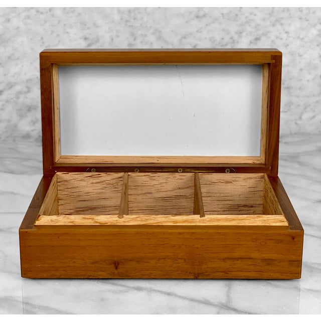 Mid-Century Modern Vintage Traditional Teak Storage Dresser Box W/ Milk Glass Interior For Sale - Image 3 of 7