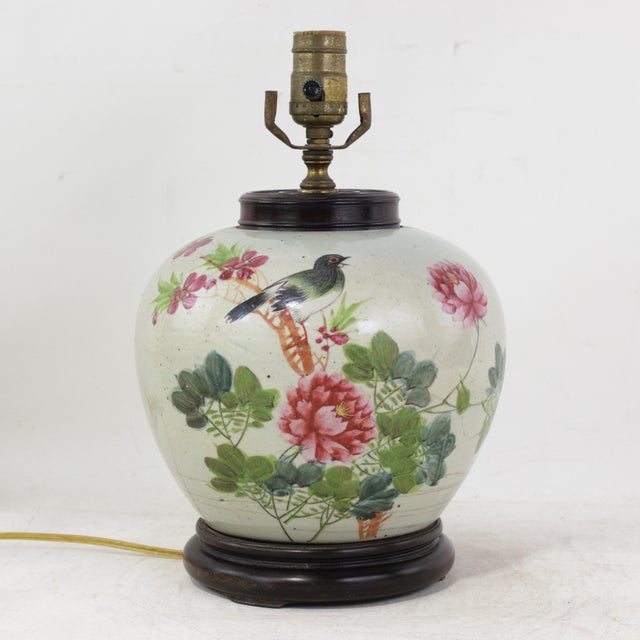 Famille Rose Antique Porcelain Vase Lamp With Bird and Peony Motif on Wood Base For Sale - Image 17 of 17