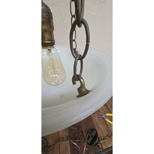 1910s Art Deco Semi-Flush Mount Bowl Ceiling Light Fixture Pendant Brass Hardware For Sale - Image 6 of 13