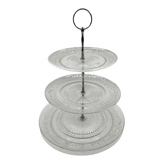 Vintage 3-Tier Pressed Glass Serving Stand For Sale