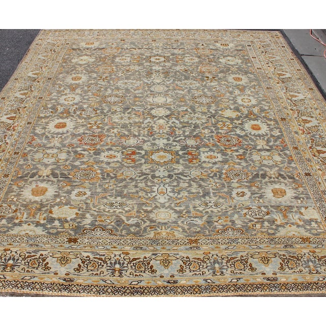 Large All-Over Gray and Orange Persian Malayer Rug With All-Over Floral Design 10'2 X 13'6 For Sale - Image 4 of 13