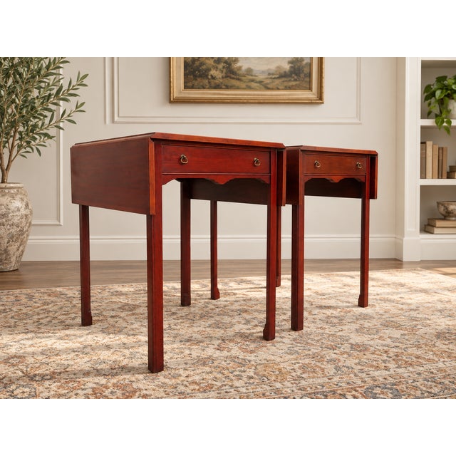 Mid 20th Century Vintage Mahogany Pembroke Dropleaf Side Table Pair ~ Georgian Chippendale Federal Style For Sale - Image 5 of 18
