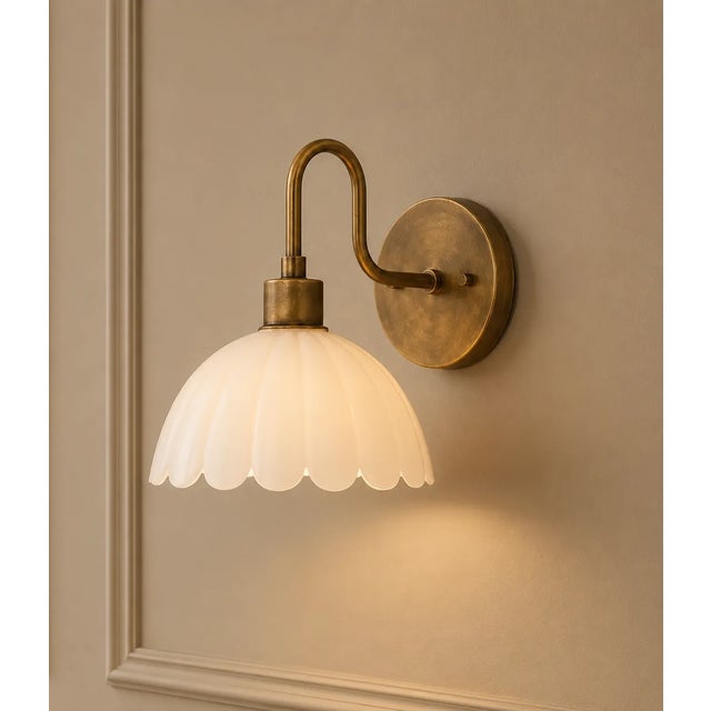 Handcrafted Brass Wall Sconce With Scalloped Opal Glass Shade, Bedroom Wall Lamp For Sale - Image 4 of 8