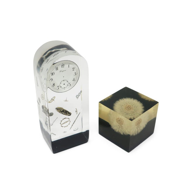 A great set of vintage, mid-century modern lucite encased paperweights, one from the 1960s with a dandelion and another...