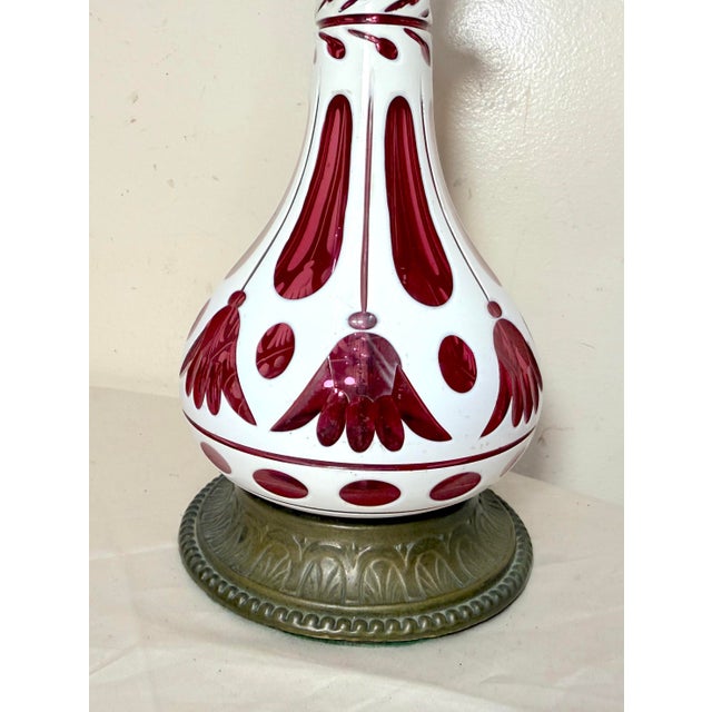 Boho Chic Antique 1800's Cut to Clear Cranberry Glass Stourbridge Bronze Oil Table Lamp For Sale - Image 3 of 14