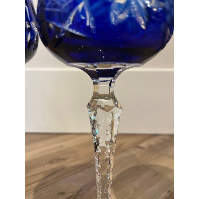 Pair of Bohemian Traube Nachtmann Cobalt Blue Cut Crystal Wine Glasses For Sale In New York - Image 6 of 10