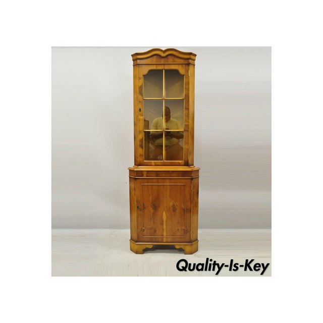 Vintage English Yew Wood Small Corner China Cupboard