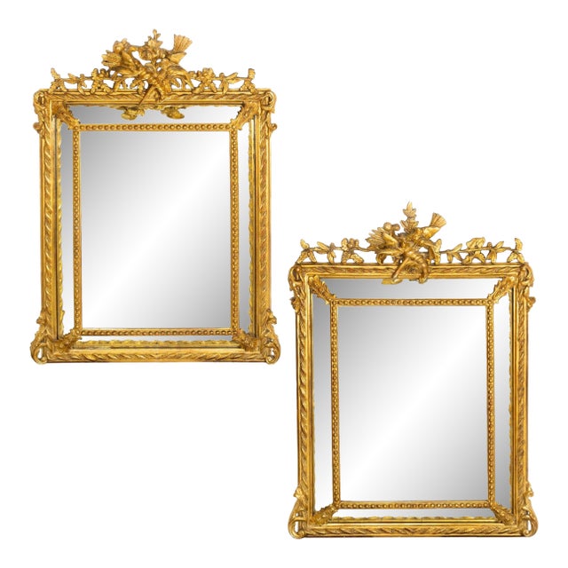 Pair of 19th Century French Neoclassical Antique Giltwood “Wedding” Mirrors For Sale
