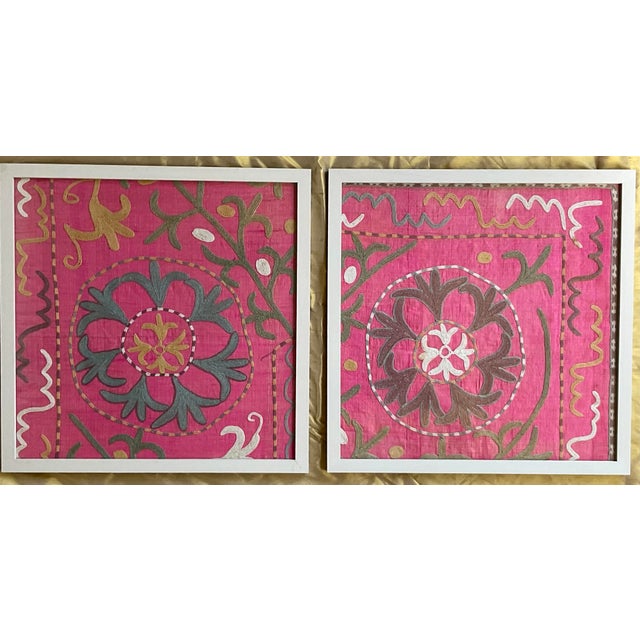 Exquisite Pair of Hand-Embroidered Antique Silk Suzani Framed Silk-on-Silk For Sale - Image 14 of 14