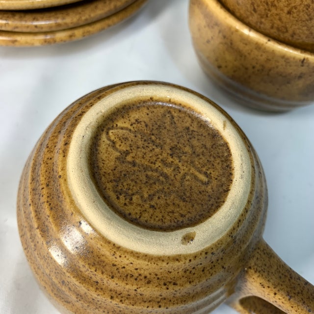 Vintage 1960s Monmouth Pottery "Mojave" Cup and Saucer Set Featuring a Brown Speckled Glaze, Service for 8 For Sale - Image 4 of 7