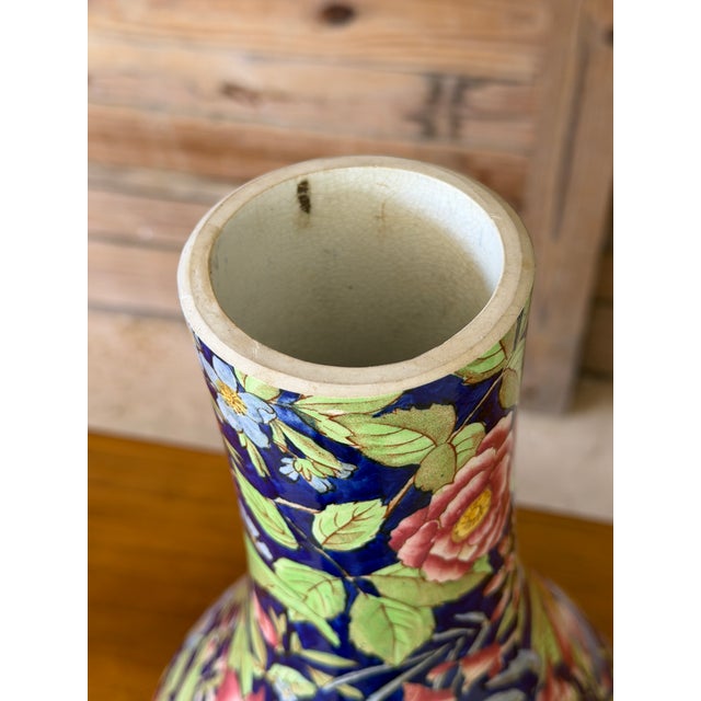 Antique Art Nouveau Etruria Cretona Polychrome Floral Bottle Vase - 18" For Sale - Image 4 of 12